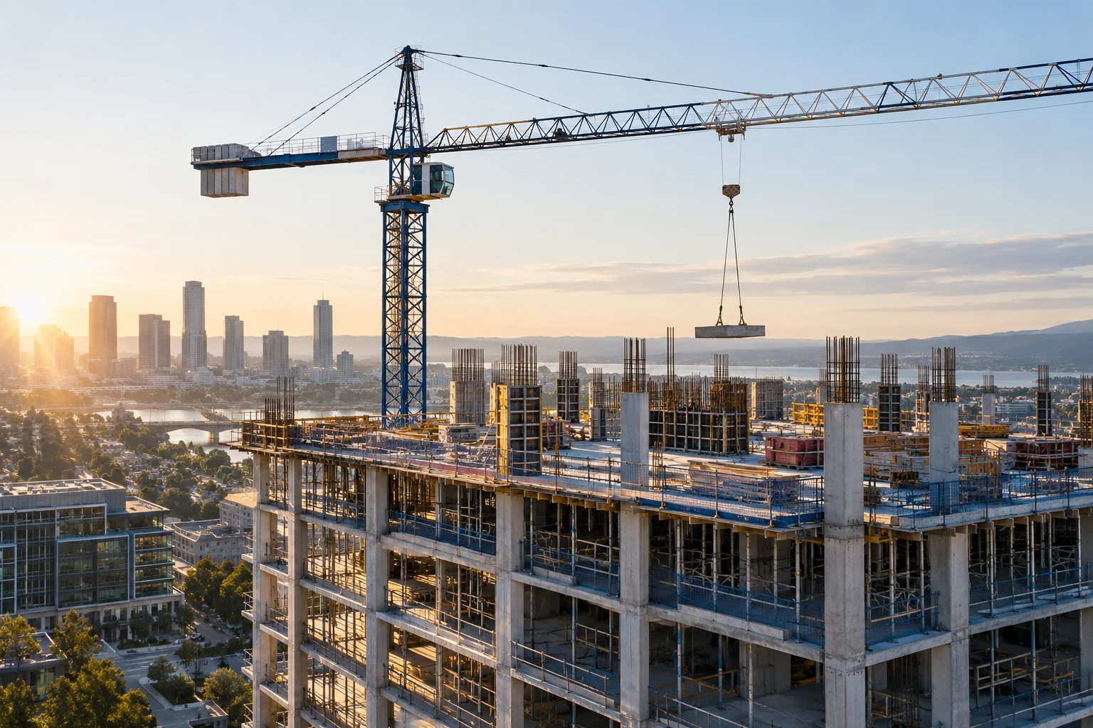 Construction concept showing a tower crane above a concrete building frame