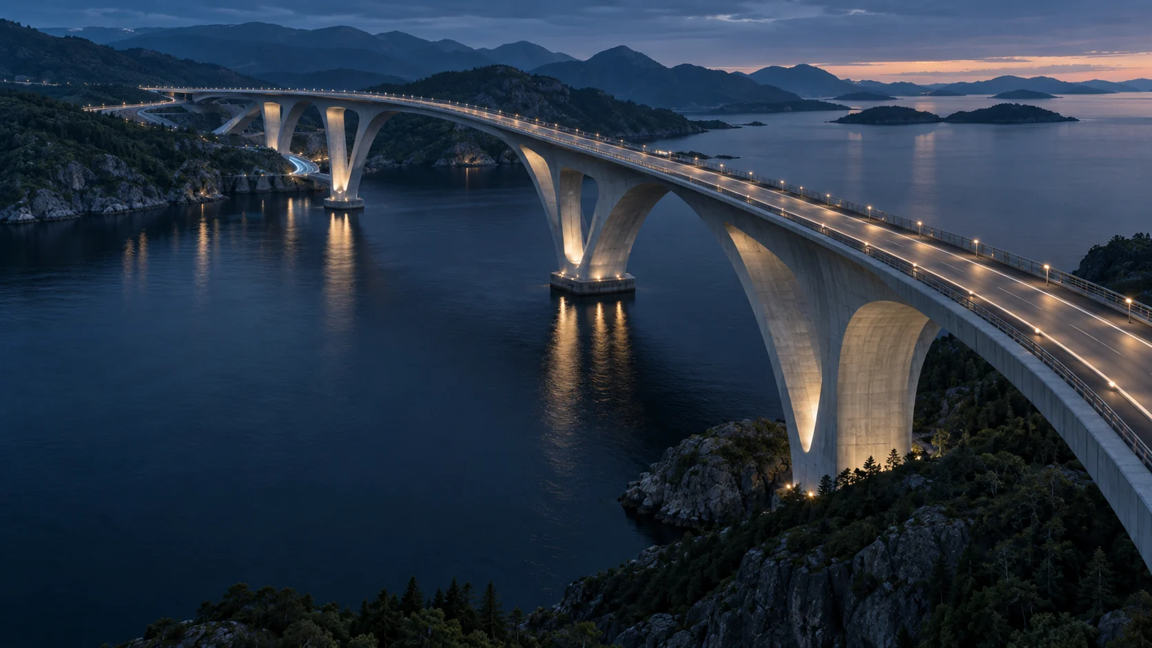 A cinematic architectural concept of a concrete viaduct over still water
