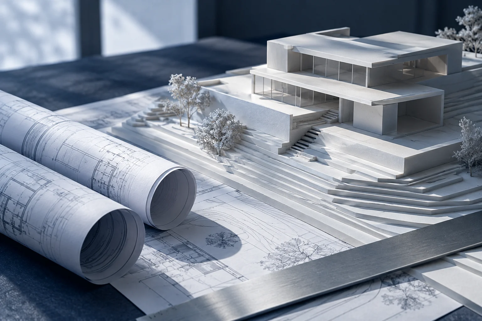 Architectural concept of a scale model and detailed technical plans