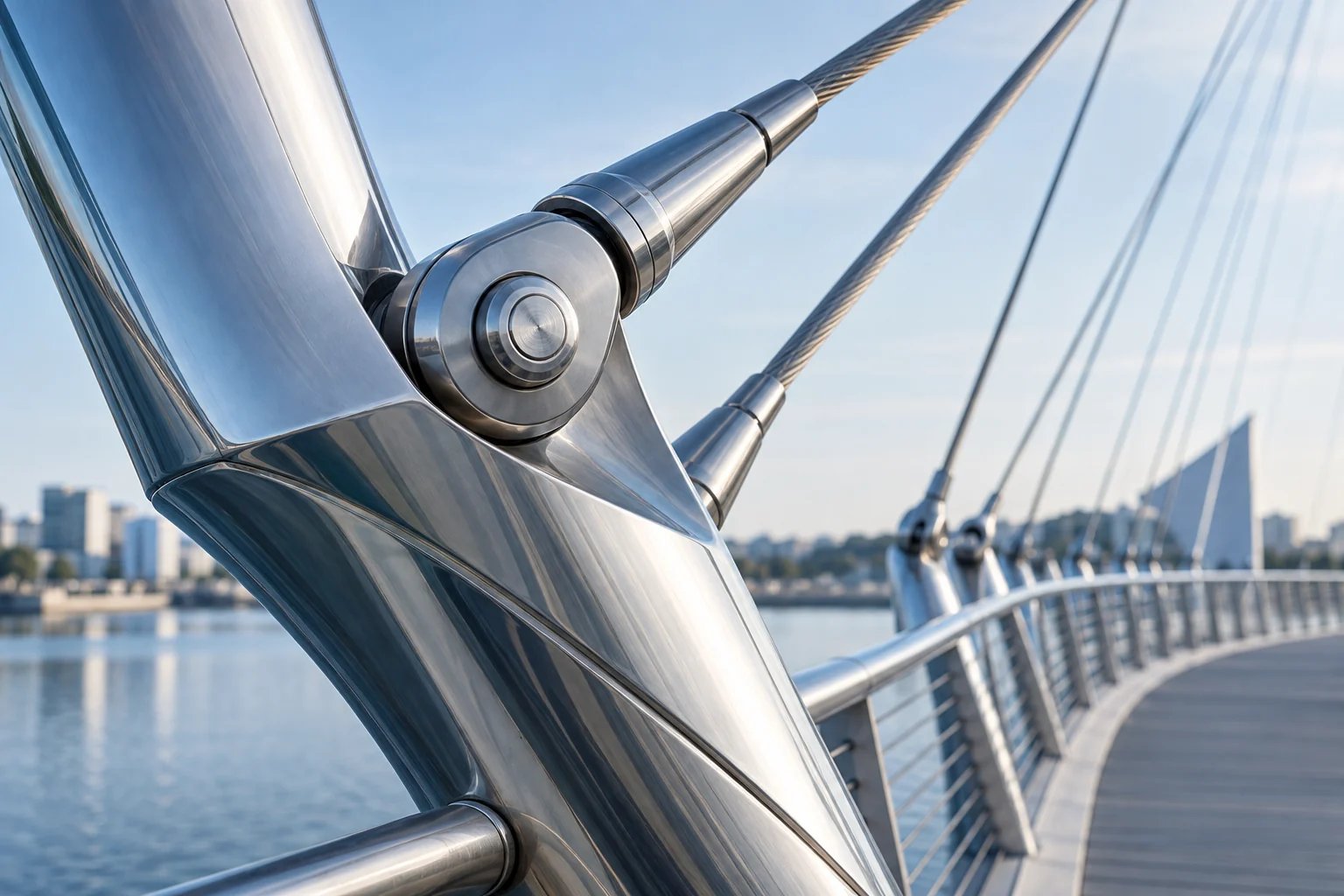 Engineering concept of a precision steel bridge connection and cable anchorage