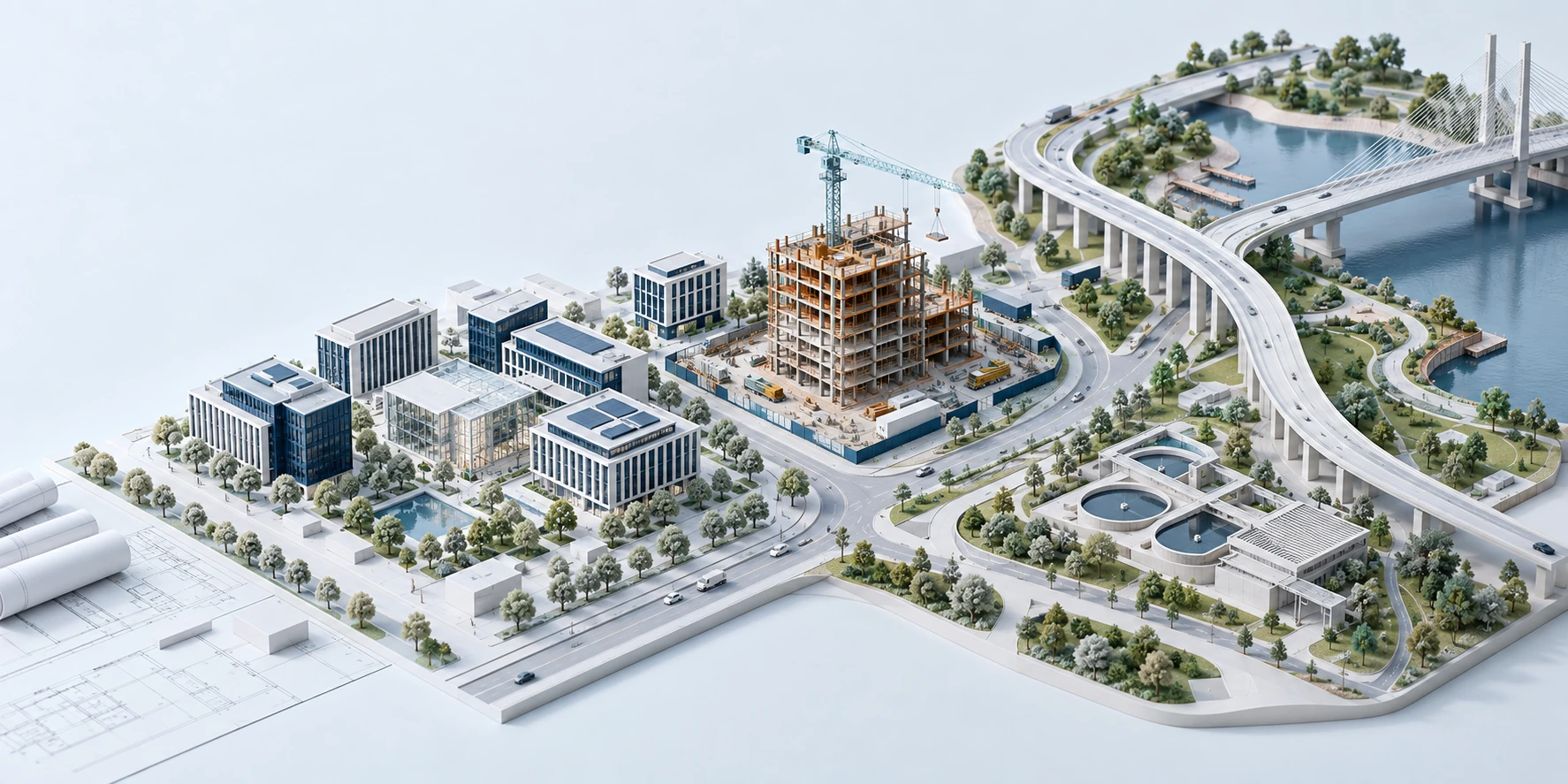 Architectural miniature showing buildings, construction and connected infrastructure